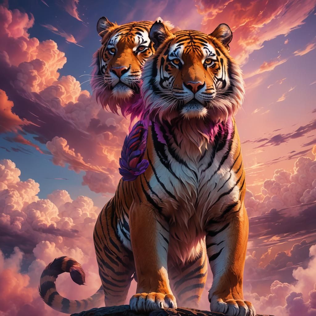 Two-Headed Cloud Tiger Soaring in Orange Sky