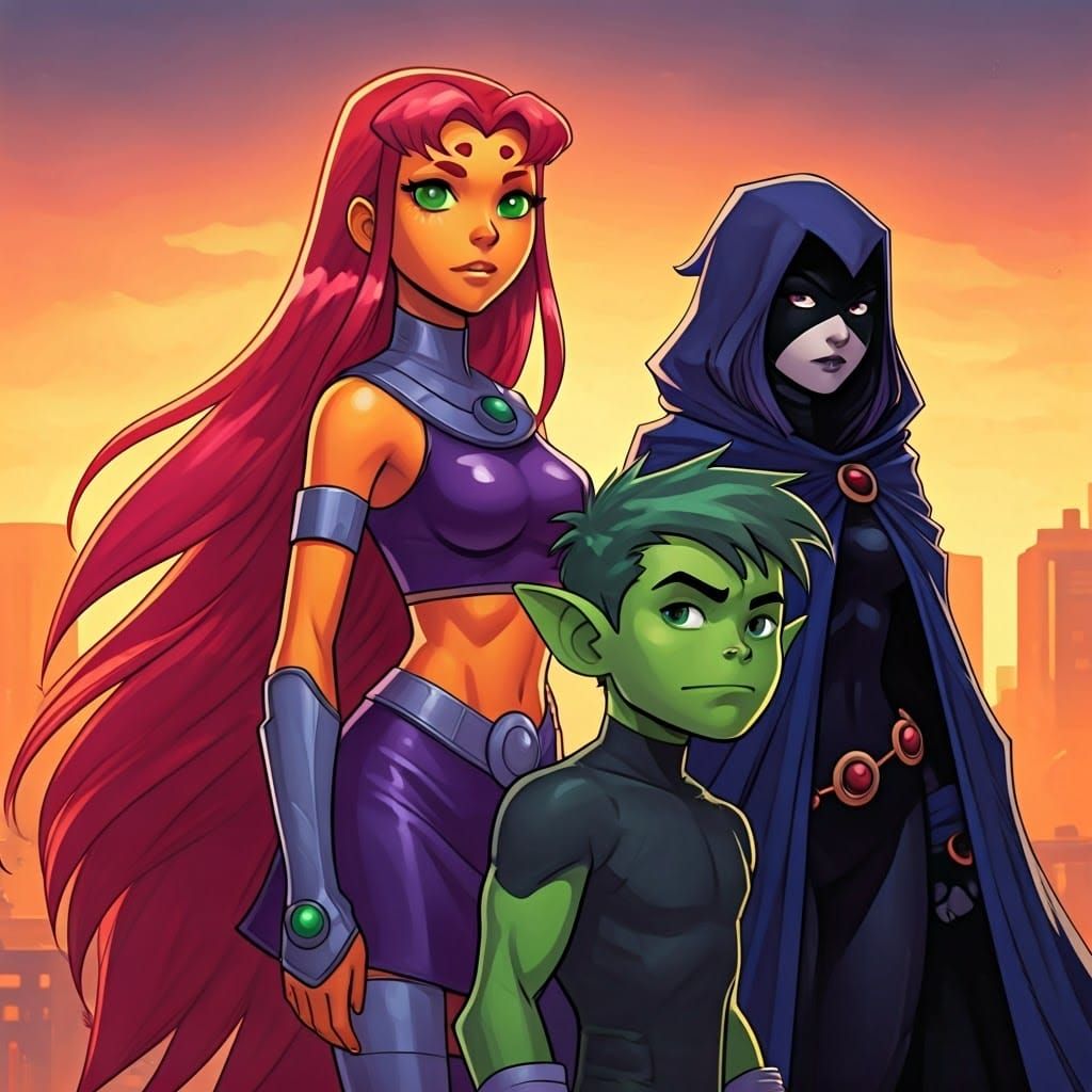 Teen Titans Starfire, Beast Boy, and Raven in Comic Art