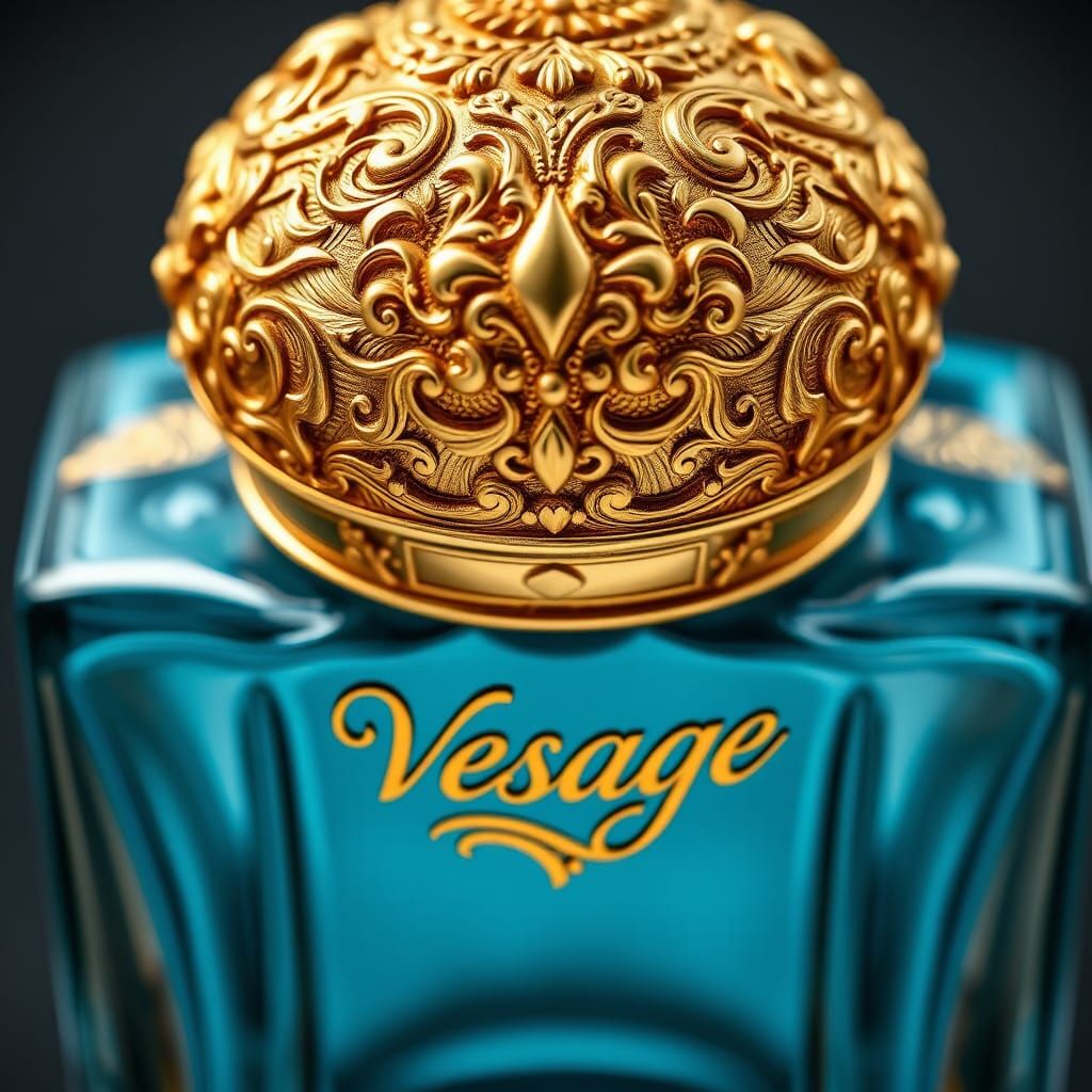 A gigantic beautiful gold perfume bottle top from Vesage and a blue bottle in gold at the front that says "Vesage"