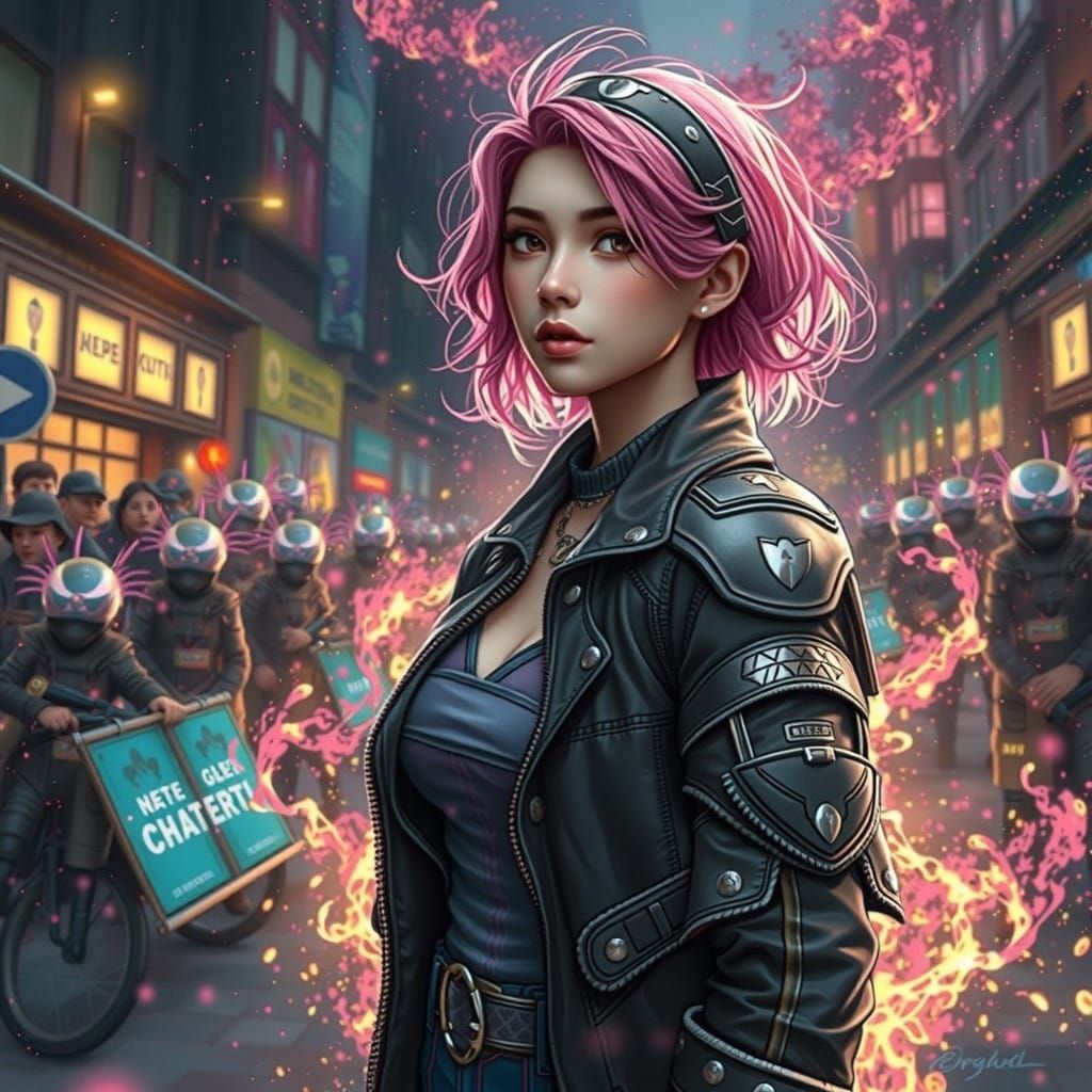 a drawing of a person with pink hair, a background of like colors with a soft focus bokeh with bright edges around blurr...