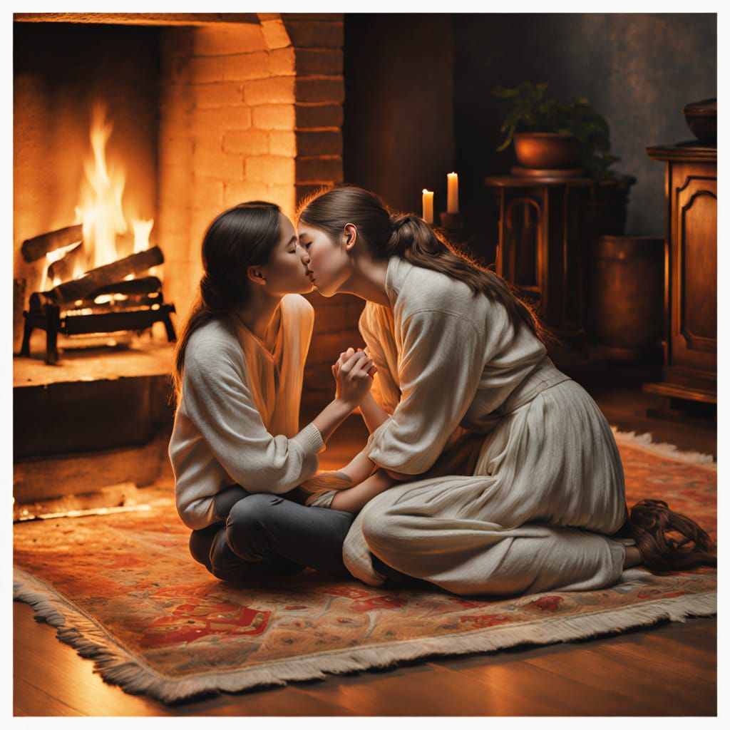 Romantic Oil Painting of Two Women Embracing
