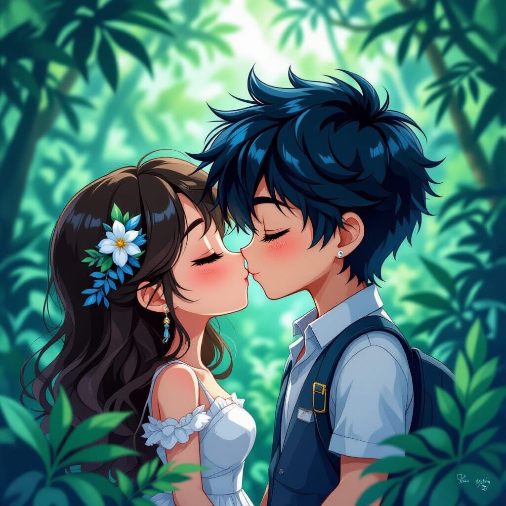 Chibi Couple Kissing in Jungle: Anime-Style Portrait