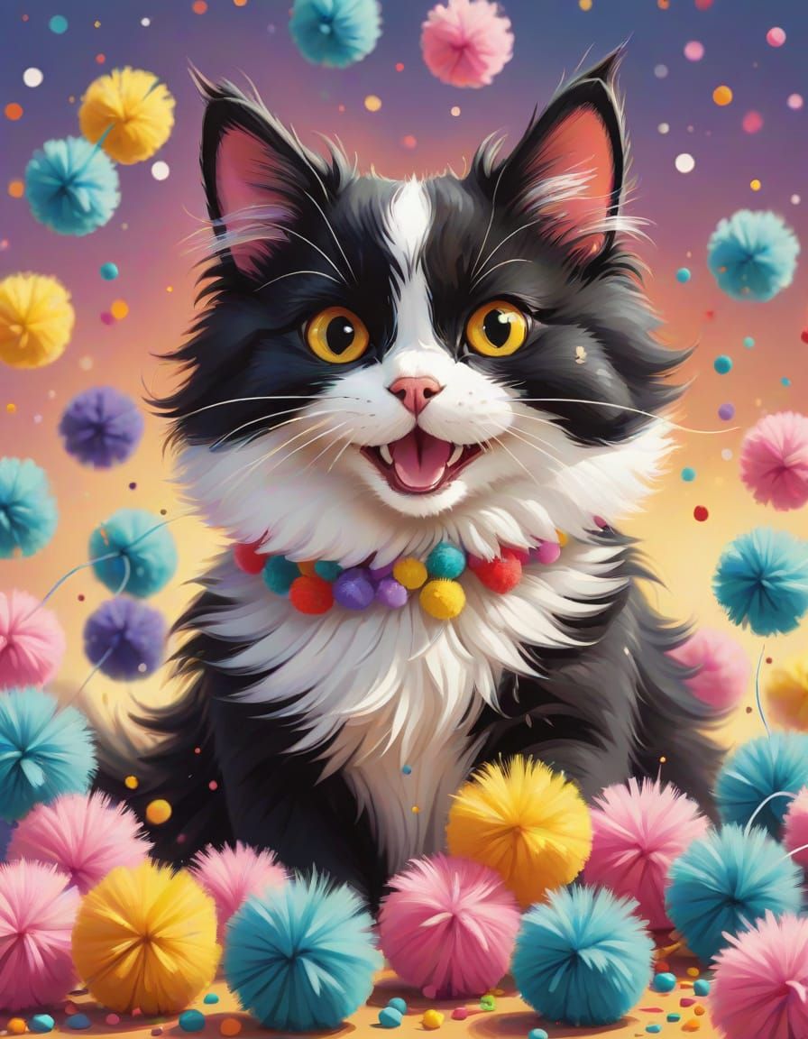 Whimsical Tuxedo Cat Playing with Pom Poms