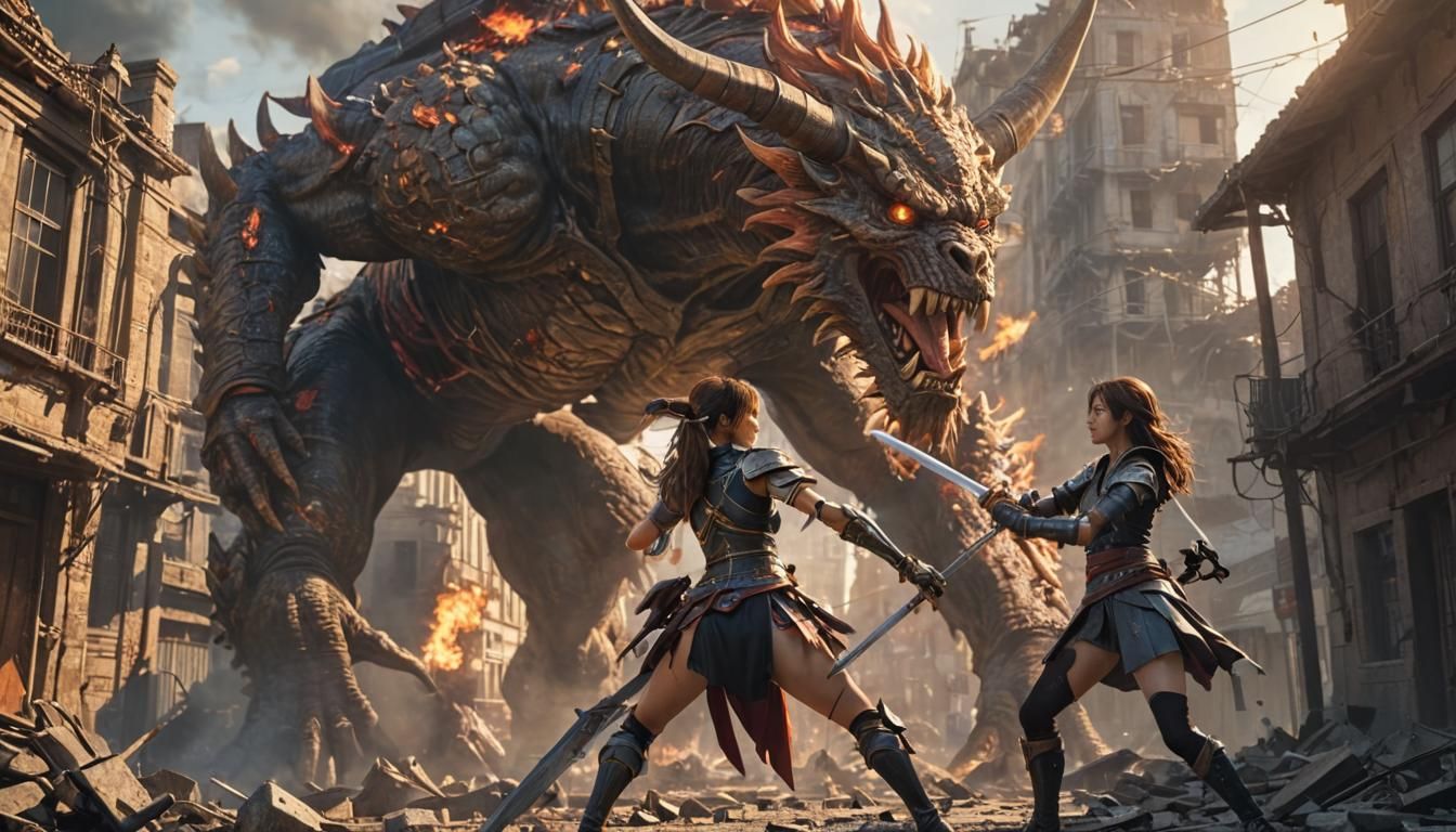 Woman Warrior Battles Demon in Burning Cityscape