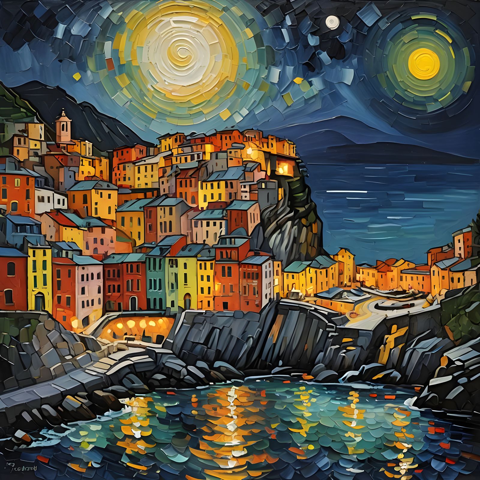 Cinque Terre at Night in Impasto Style