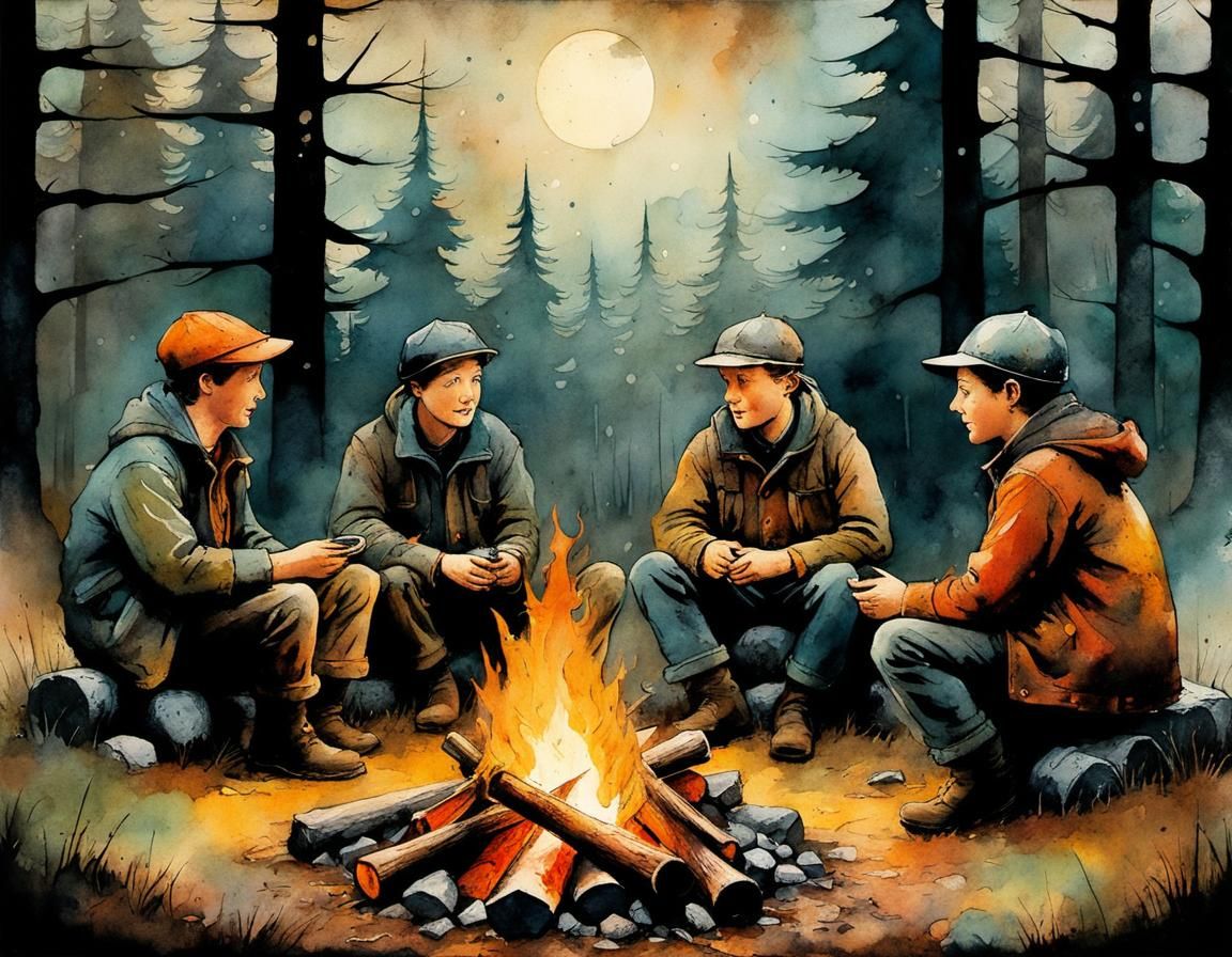 Friends Around Campfire in Forest: Antique Watercolor