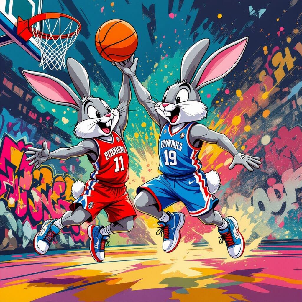 Cartoon Hares Dunking in Polychromatic Street Art