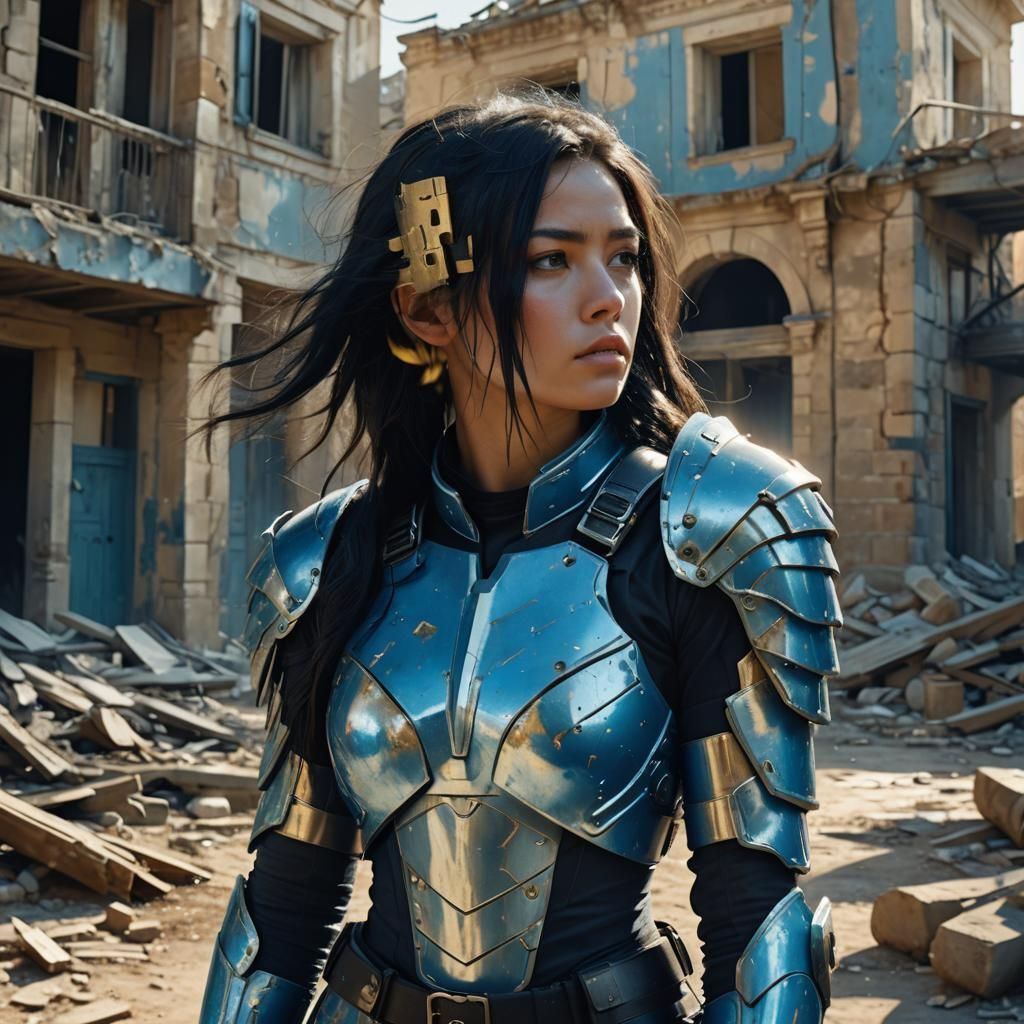 Woman in Blue Armor in Abandoned Town