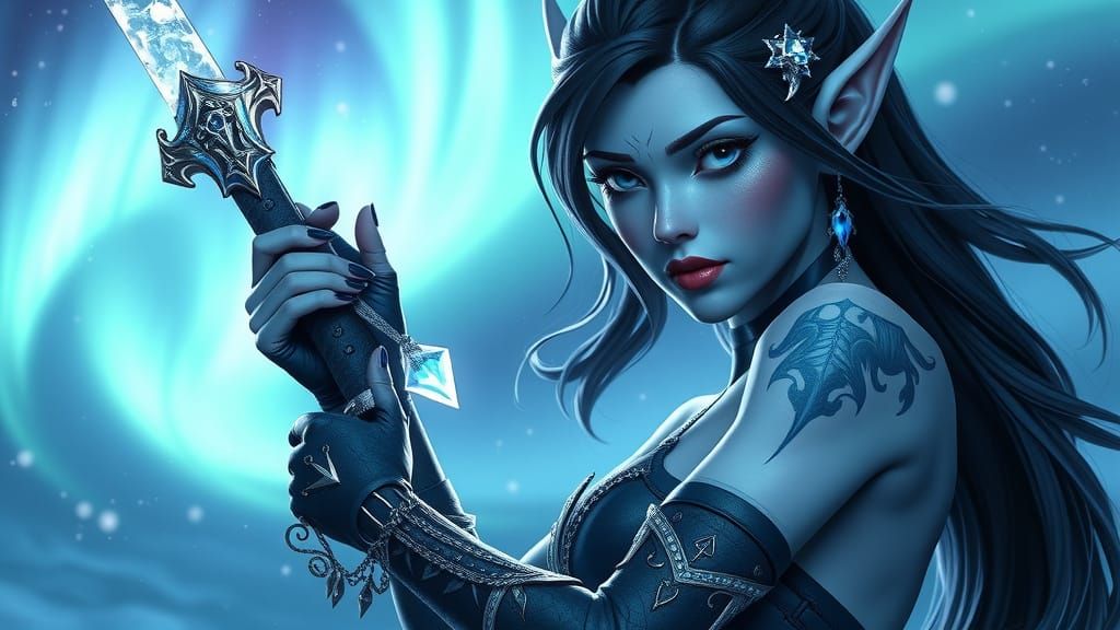 Ethereal Frost Elf Maiden in Cyberpunk Splendor