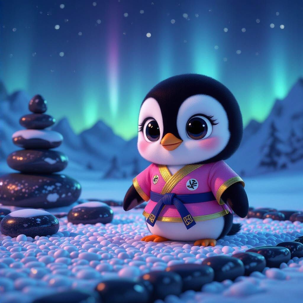 Kawaii Baby Penguin in Karate Gi Under Northern Lights
