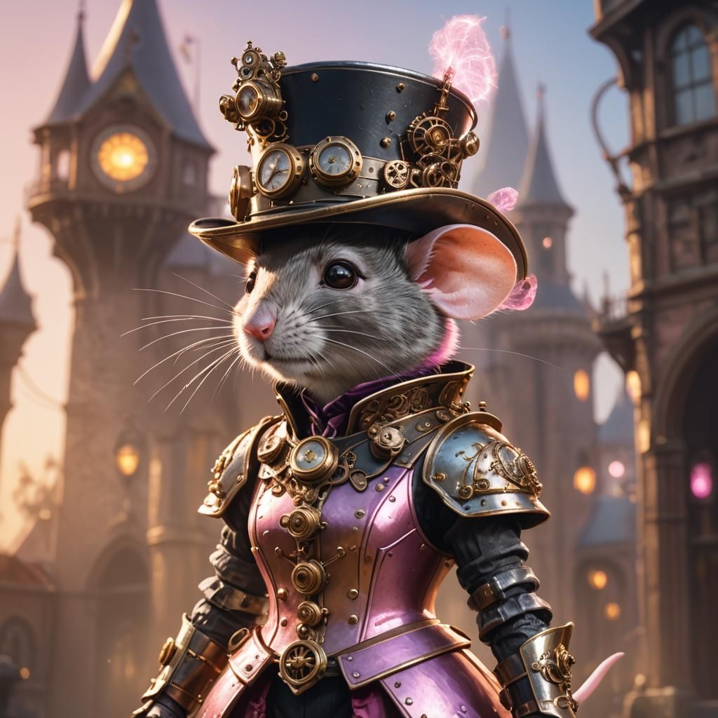 Steampunk Mouse in Pink Armor, Golden Hour