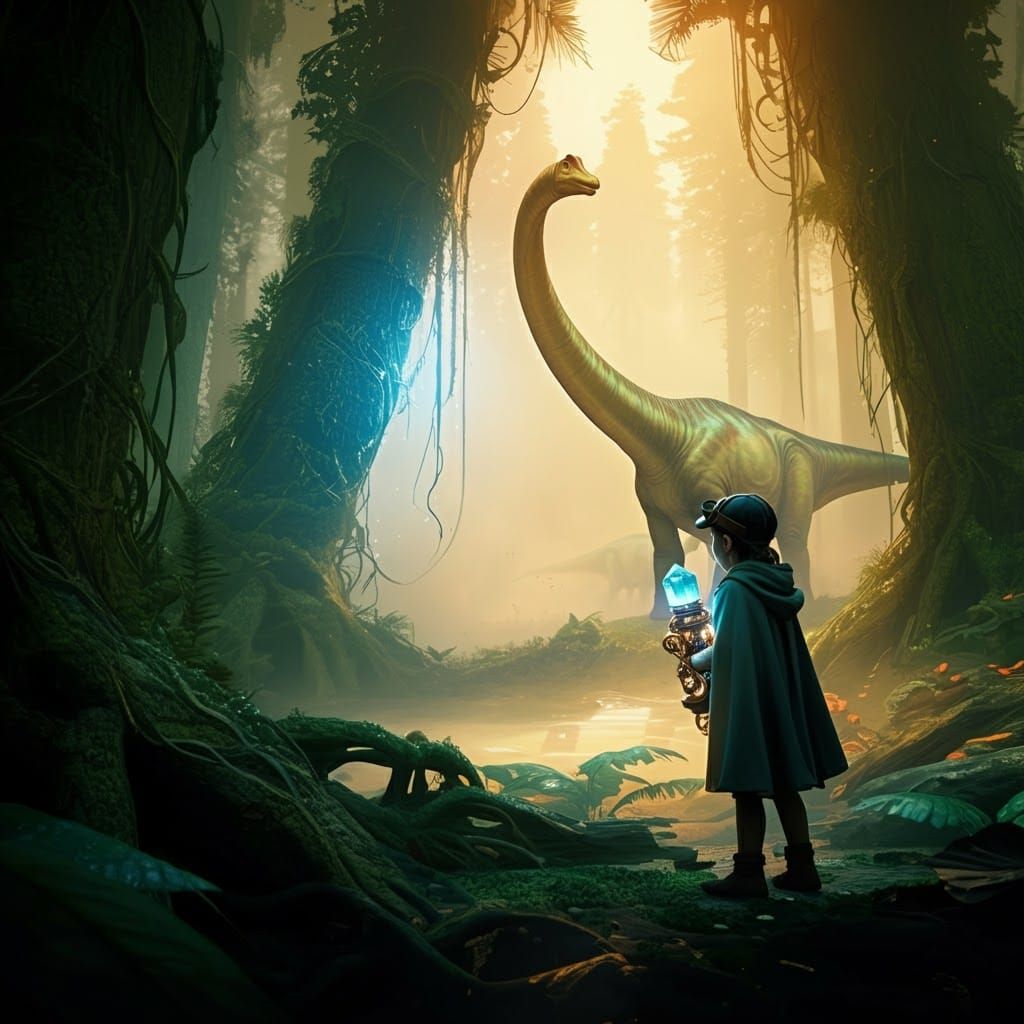 Girl's Prehistoric Time Travel Adventure in Art Nouveau Styl...