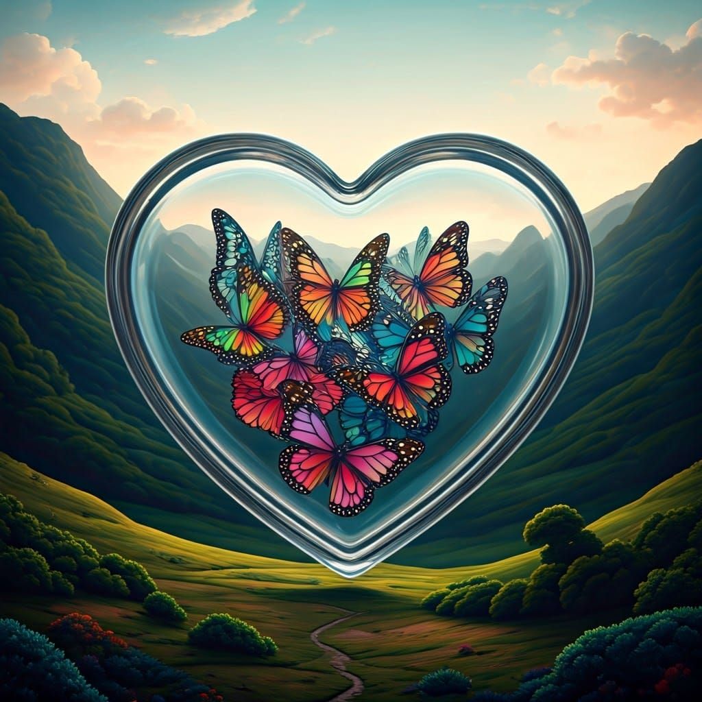 Rainbow Butterflies in Transparent Heart, Dreamy Mixed-Media...