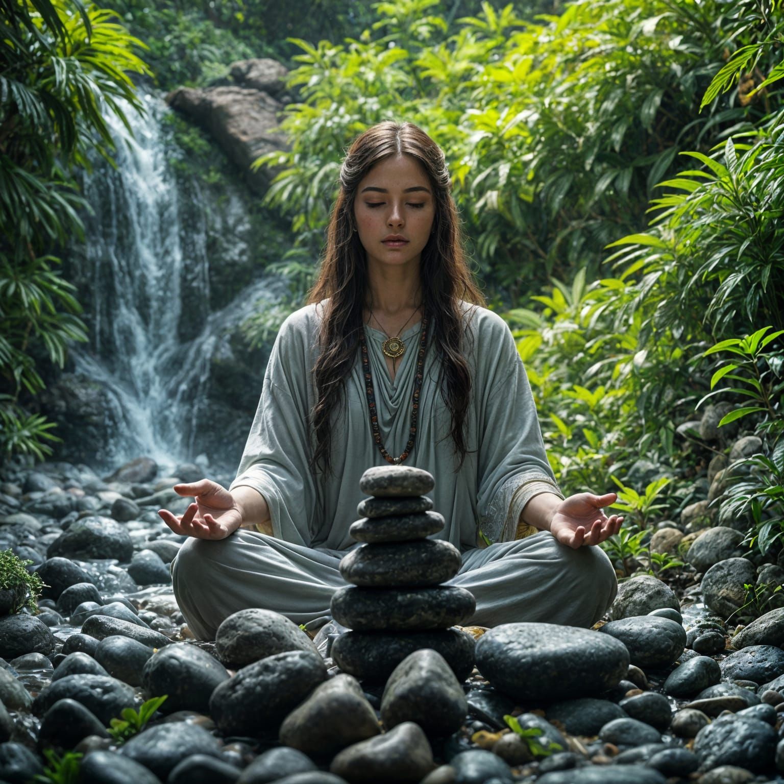 Priestess Meditating By Cascading Waterfall In Lush Garden