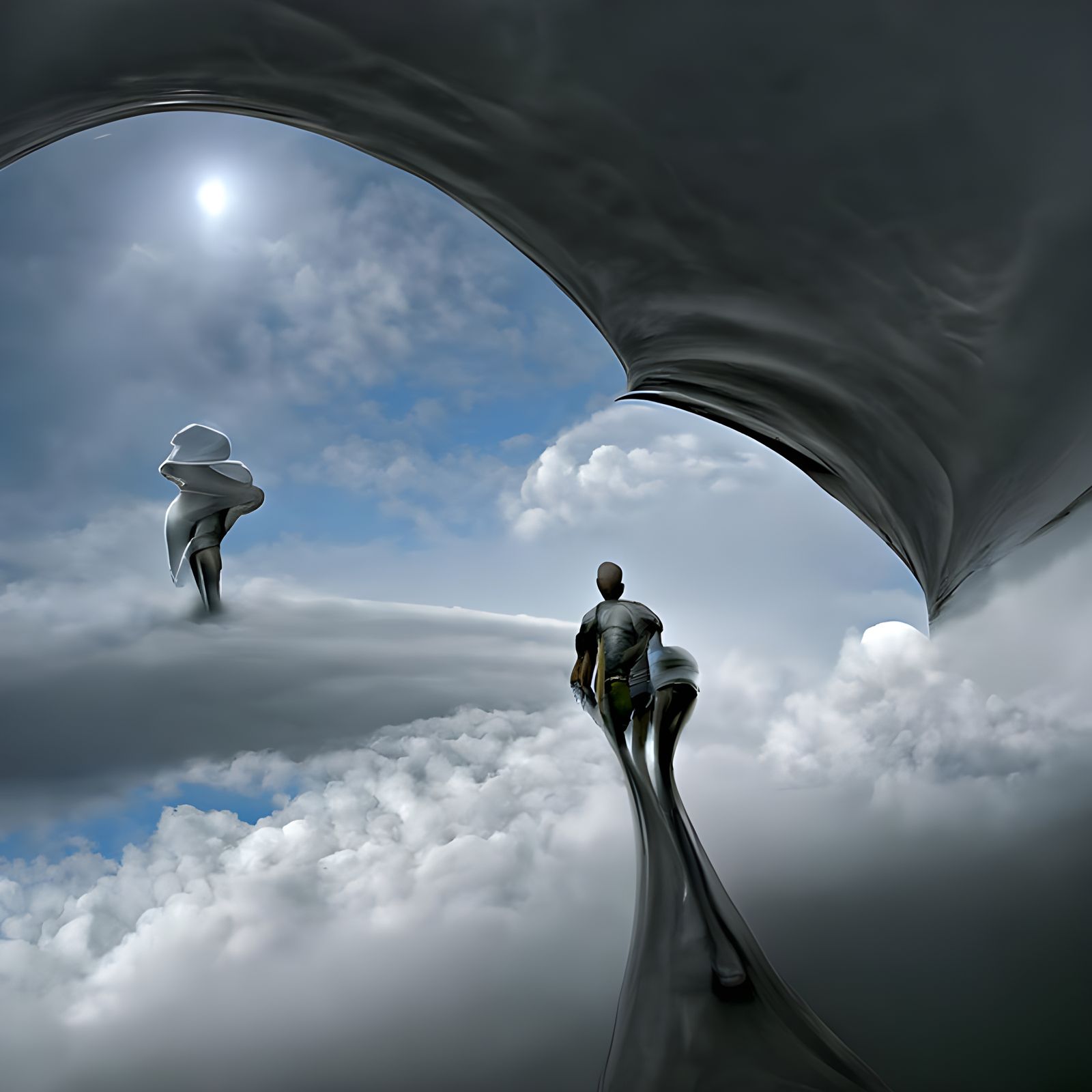 Surreal Walker on Metal Arch in Liminal Space