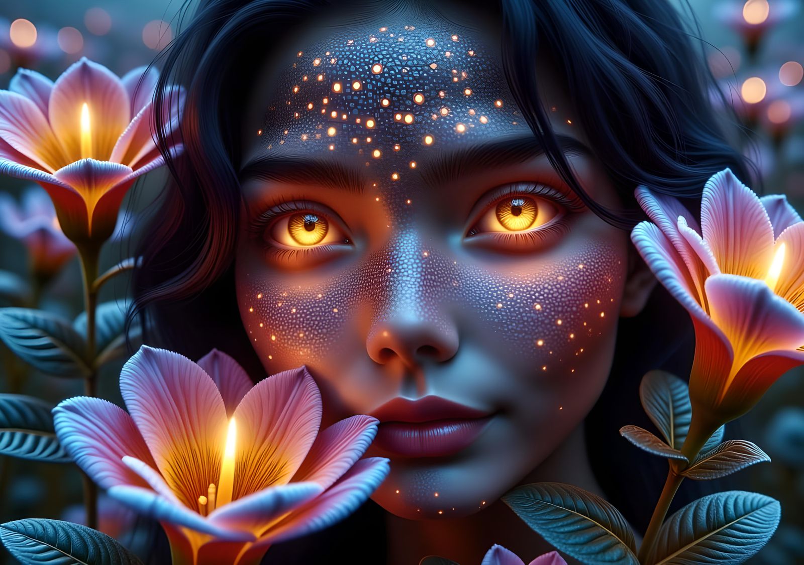 Reptilian Woman with Glowing Flowers in Hyperrealism