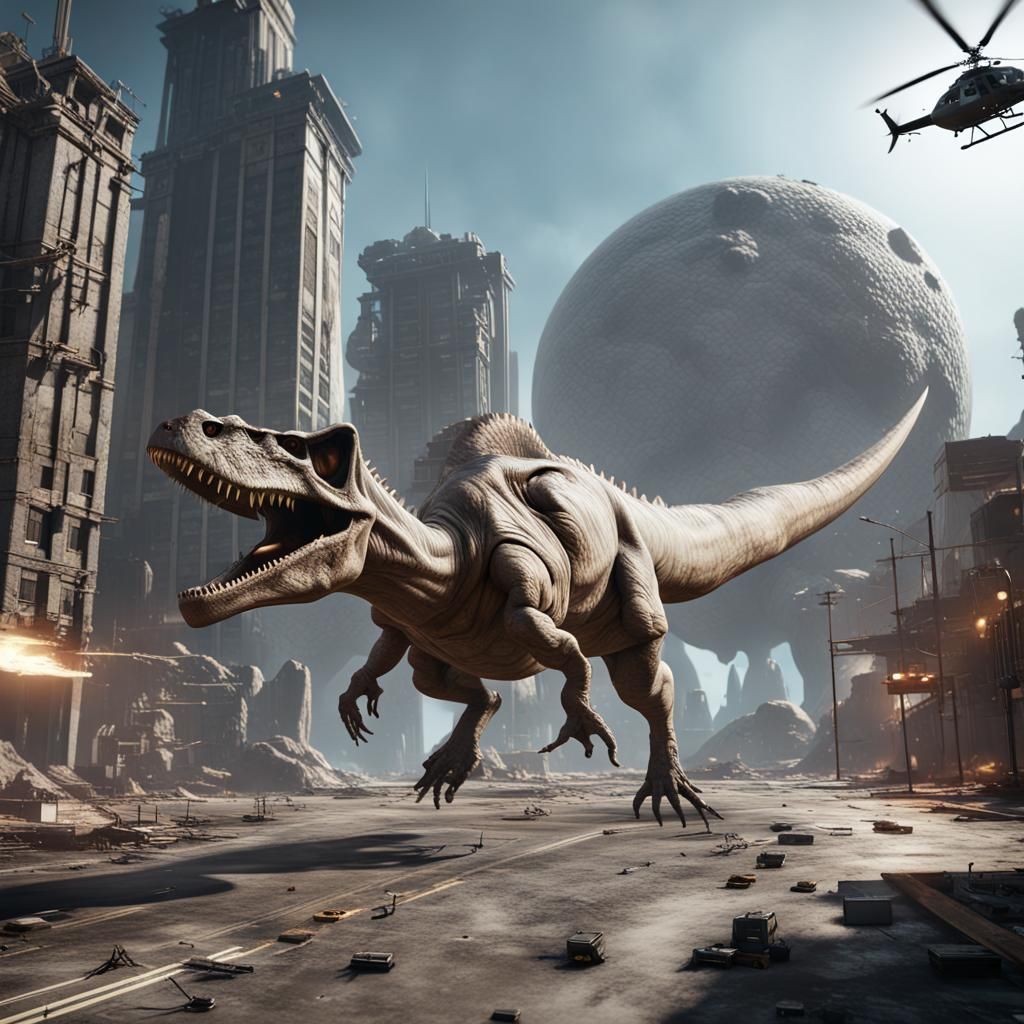 City on the moon, dinosaur running, flying over a helicopter...