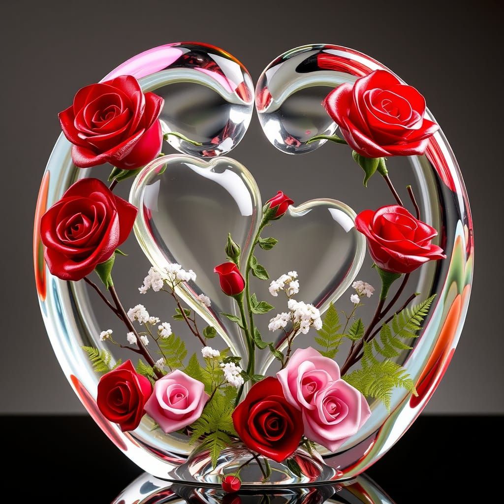 Romantic Blown-Glass Sculpture with Hearts and Roses