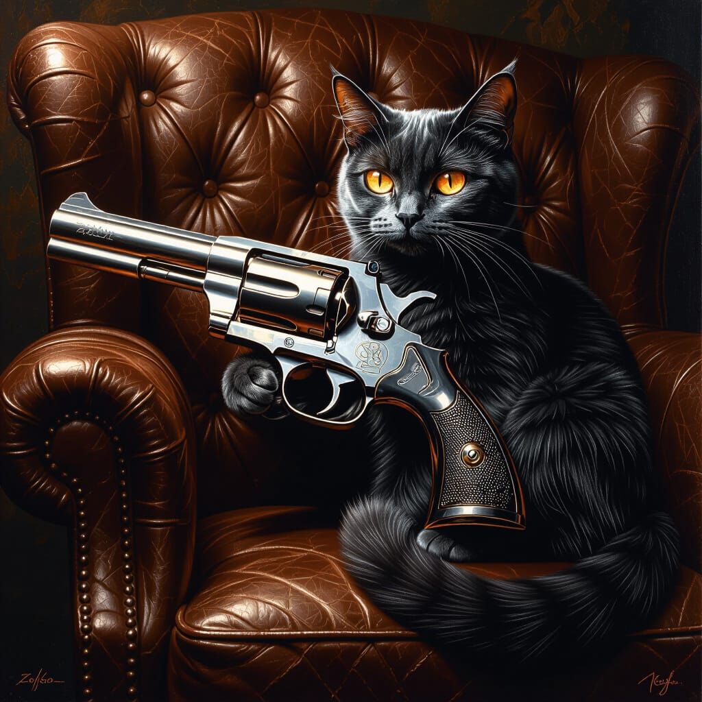 Surreal Revolver Cat on Leather Armchair