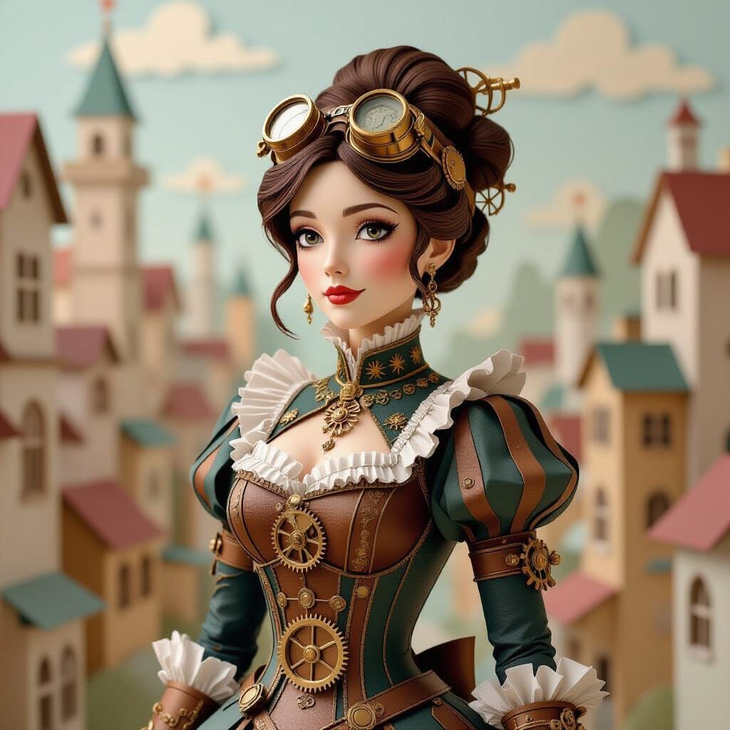 Steampunk Woman in Whimsical Papercraft City