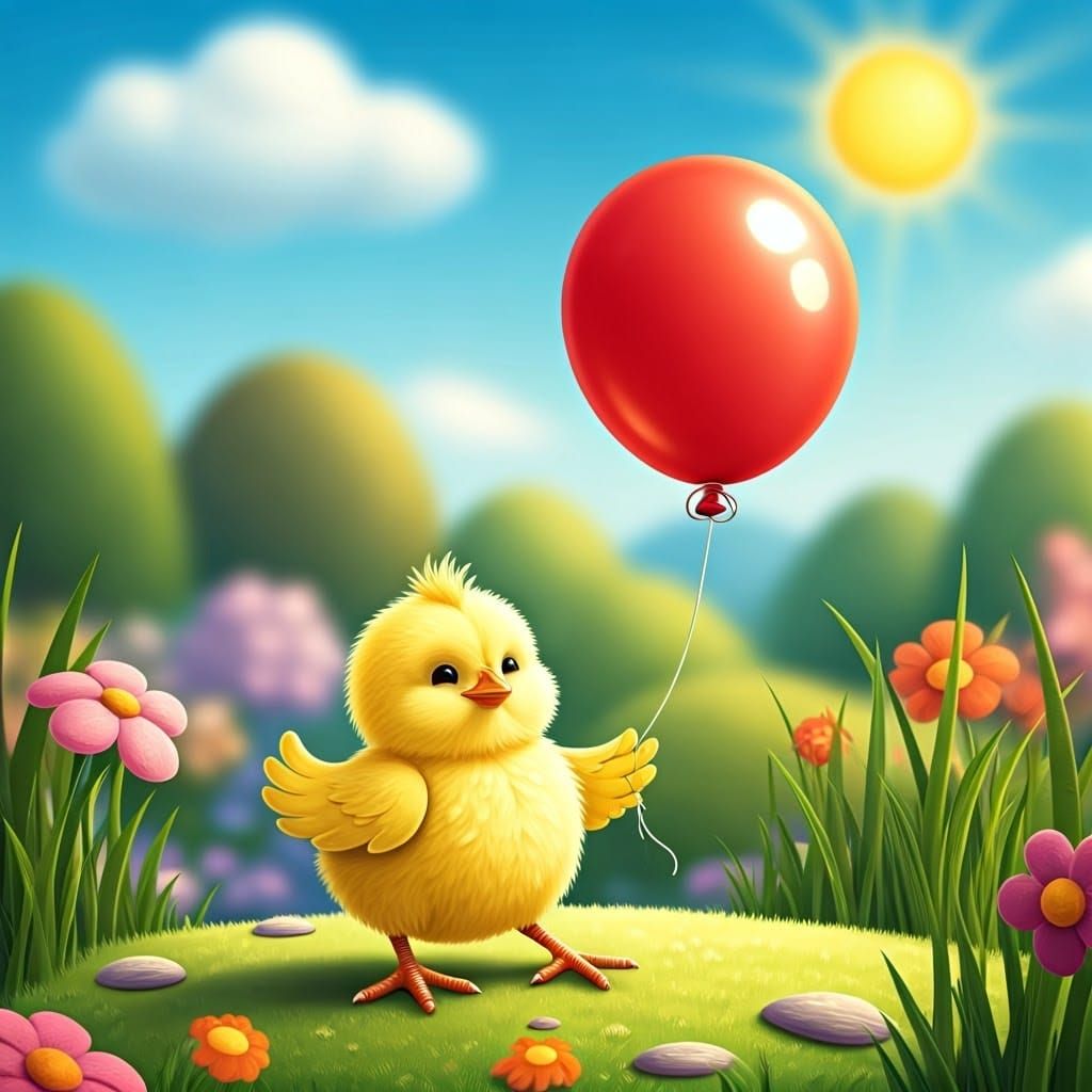 Happy Chick with Balloon in Storybook Setting