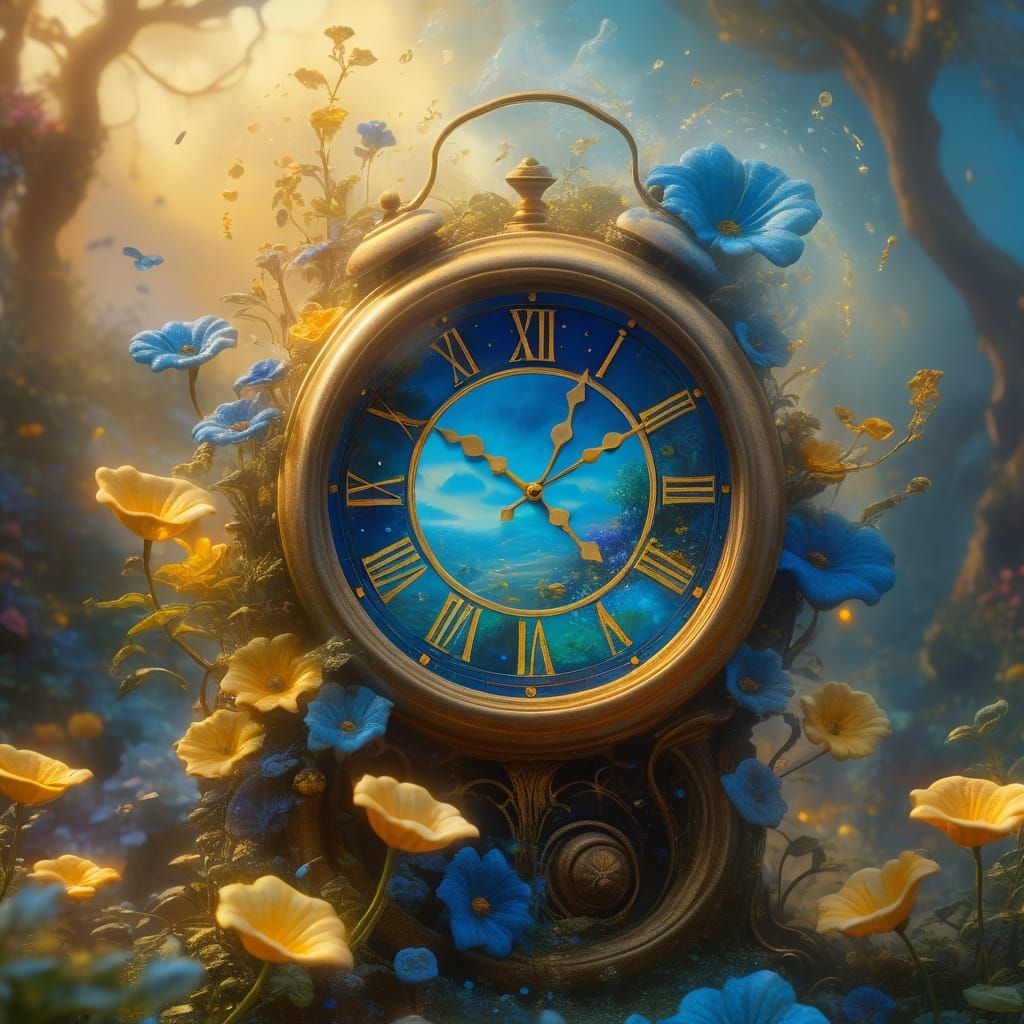 Clock Melts into Garden Vortex in Surreal Style