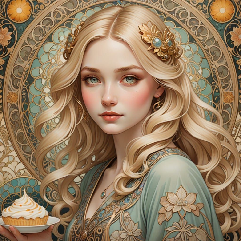 Elegant Blonde Woman in Art Nouveau Confectionery Style