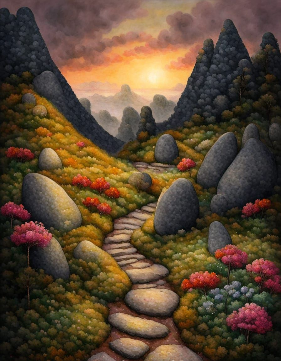 Sunrise on Winding Path in Pointillism Style