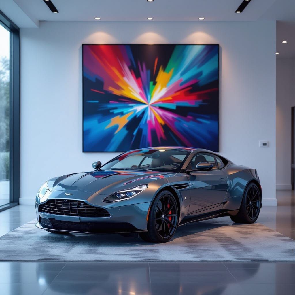 Aston Martin Art Displayed in Minimalist Luxury Living Room