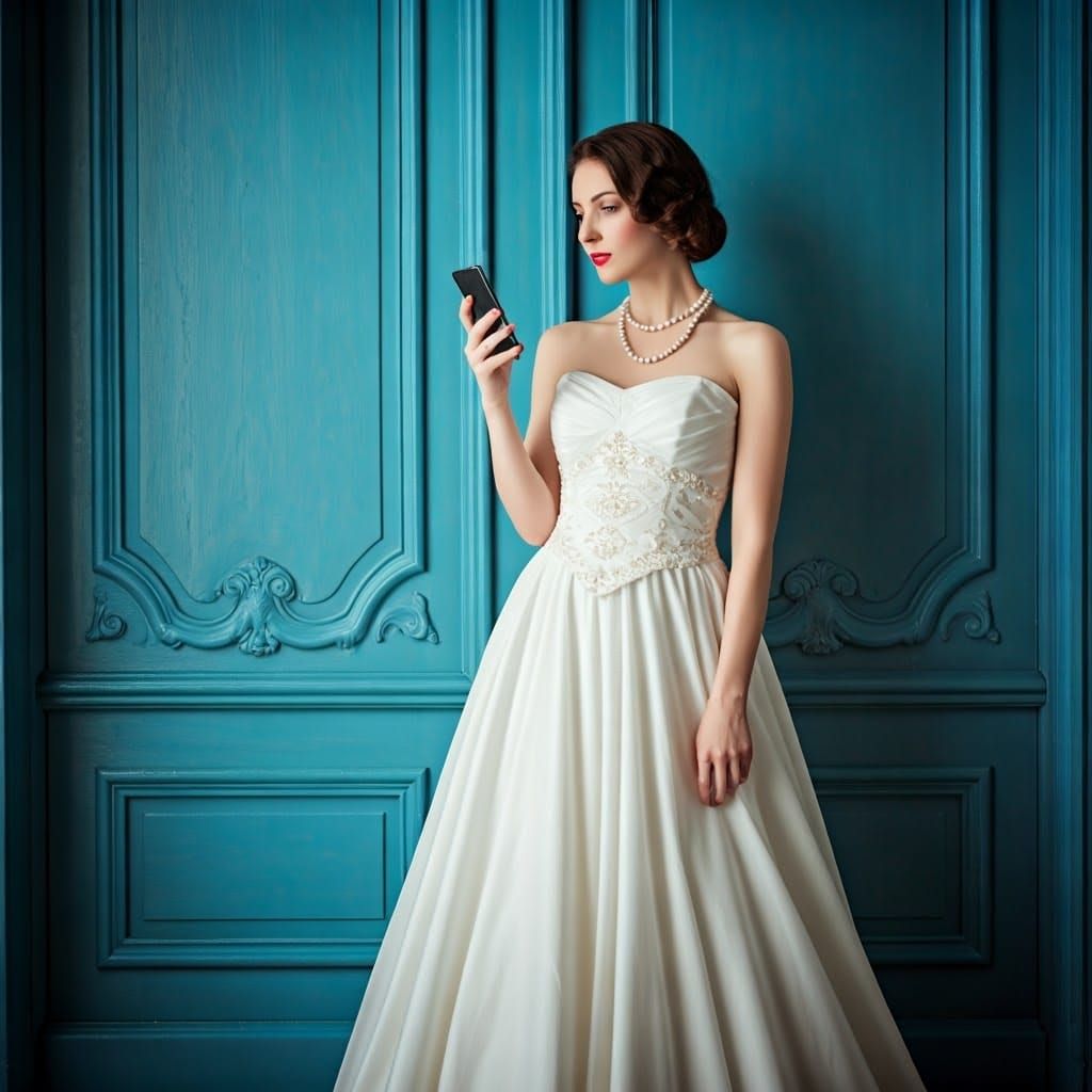 Vintage Bride with Smartphone, Pre-Raphaelite Style