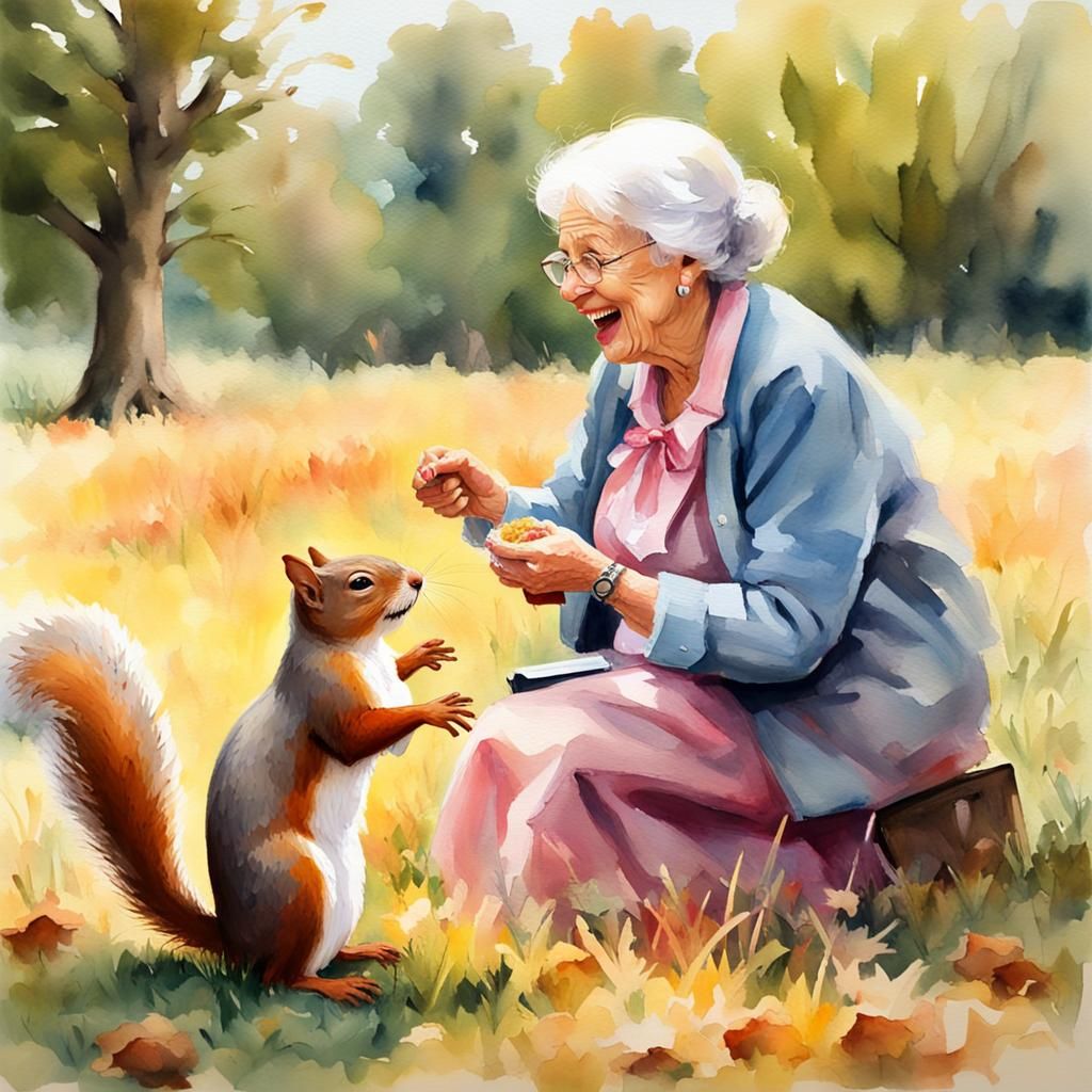 Laughing Lady Feeding Squirrel, Watercolor Gouache Painting