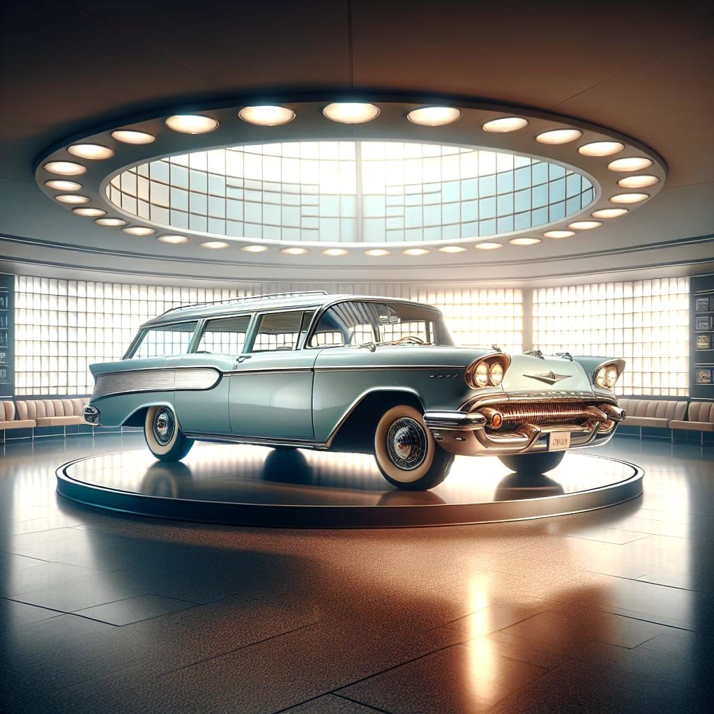 Luxury Station Wagon in 1950s Showroom