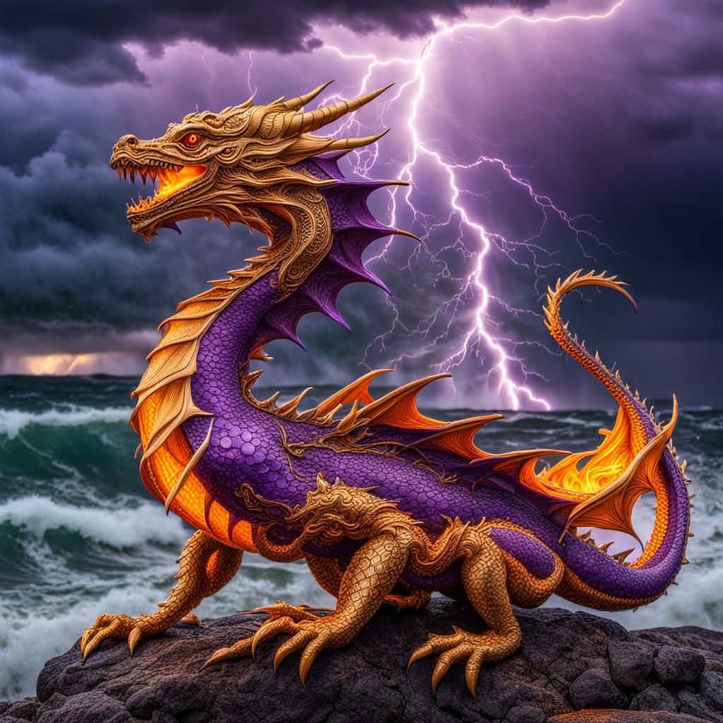 Baby dragon playing. Lightning flower in a thunderstorm with...