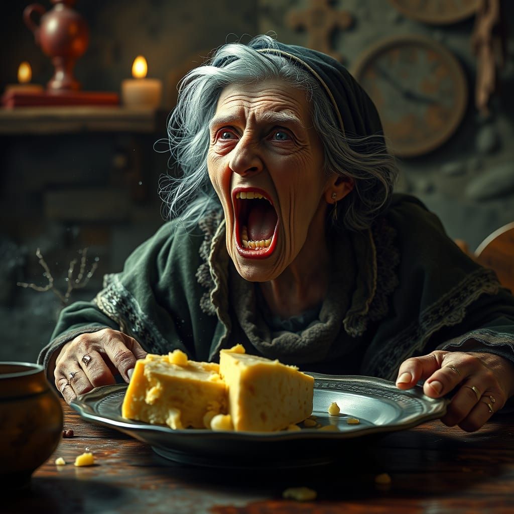 Ethereal Fantasy Scene of a Matron Shouting at Cheese