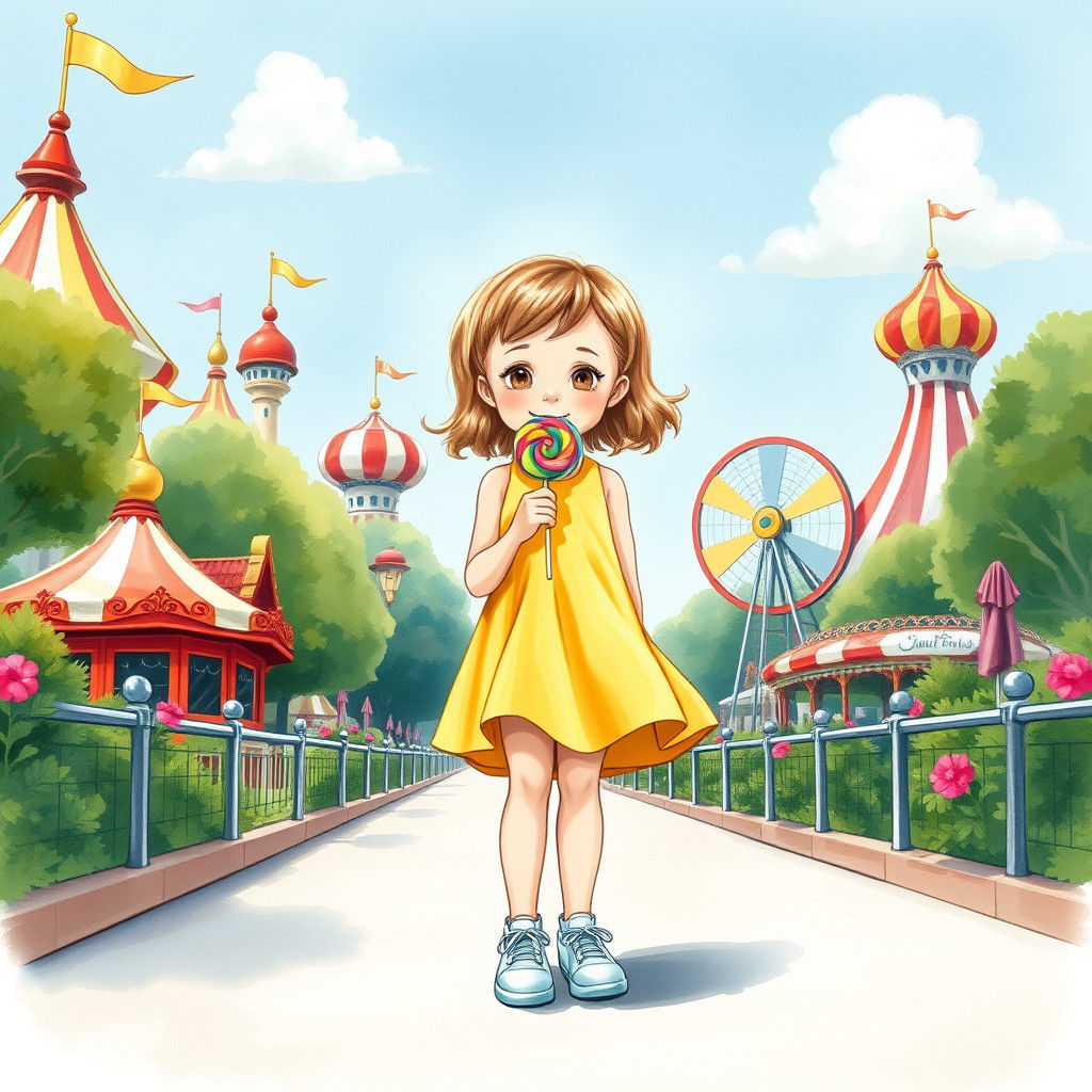 Girl's Whimsical Day at Theme Park, Watercolor Illustration