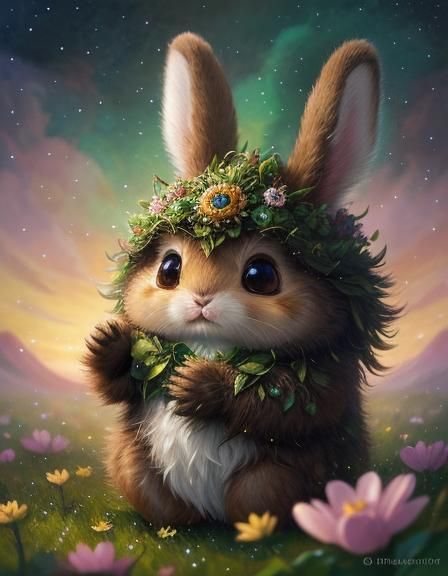 Fluffy Fantasy Bunny in Flower Rain