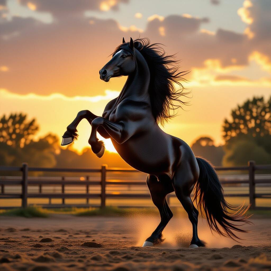 Powerful Black Friesian Horse Rears Up in Golden Hour Light
