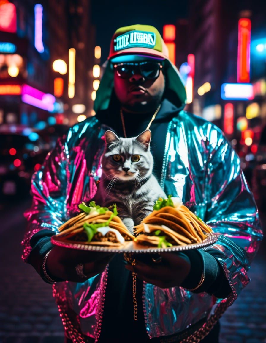 Obese Kitten Rapper in NYC Neon Lights