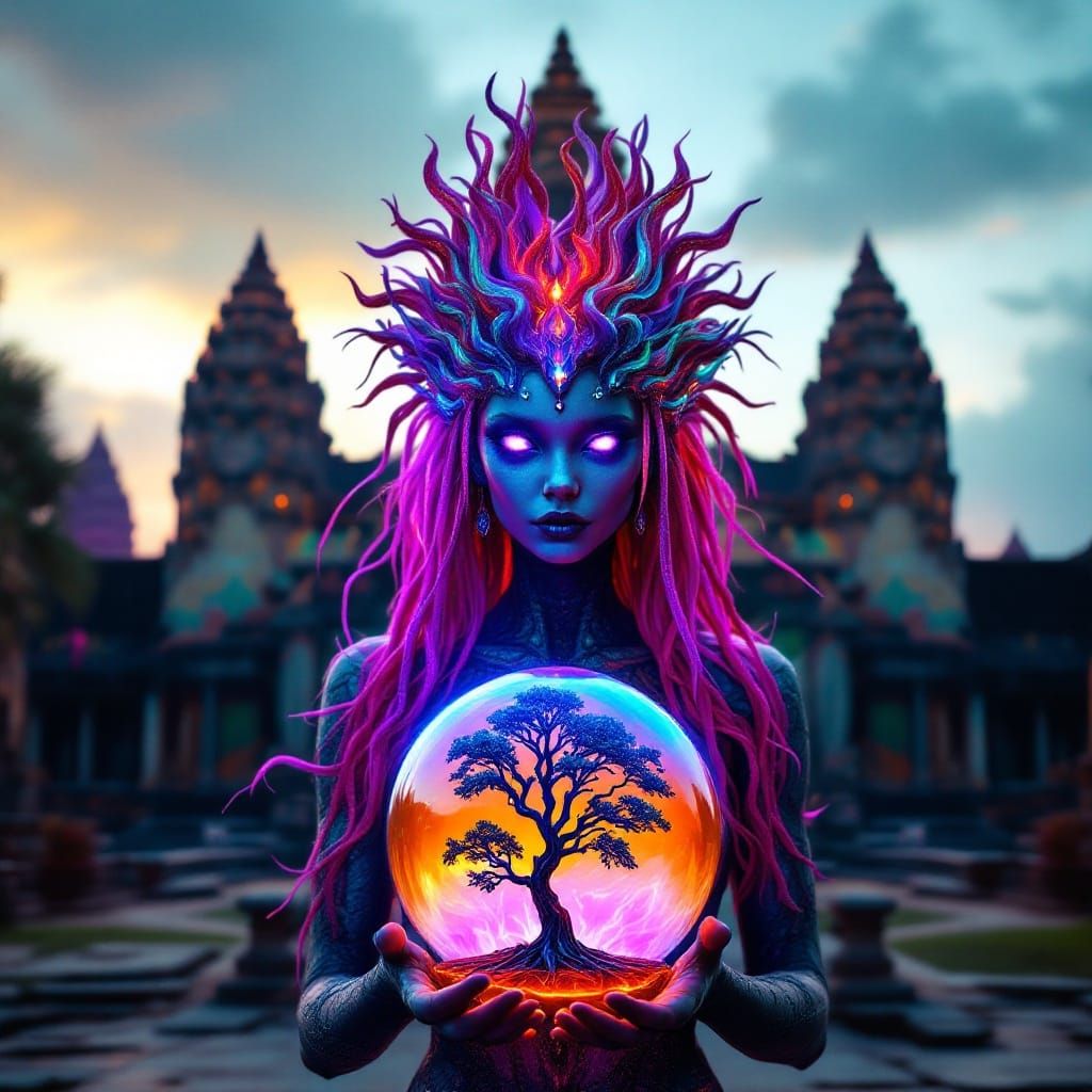 Enchanted Fairy Witch Stands Before Vibrant, Psychedelic Ang...