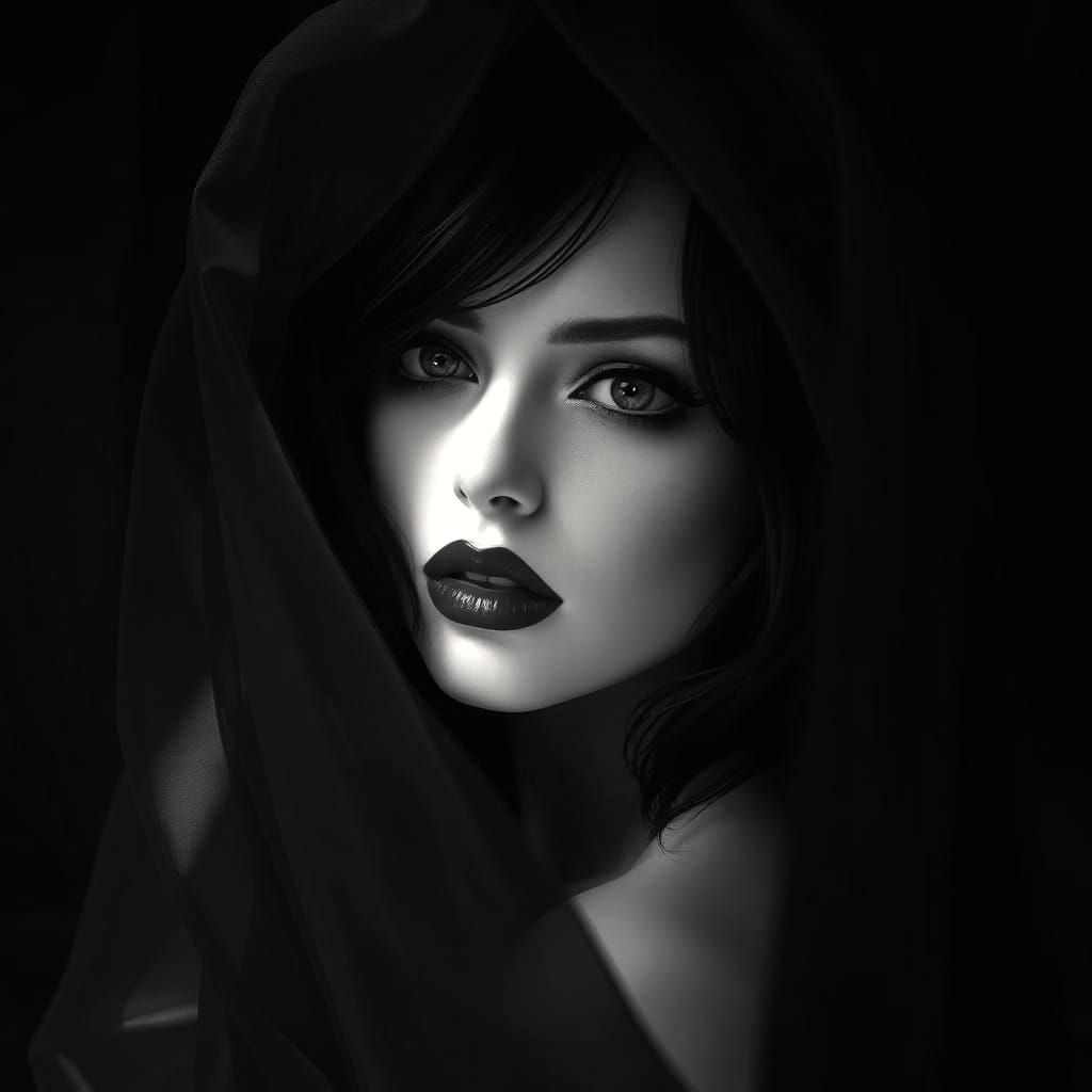 Sultry Fantasy Woman in High-Contrast Dark Purple and White