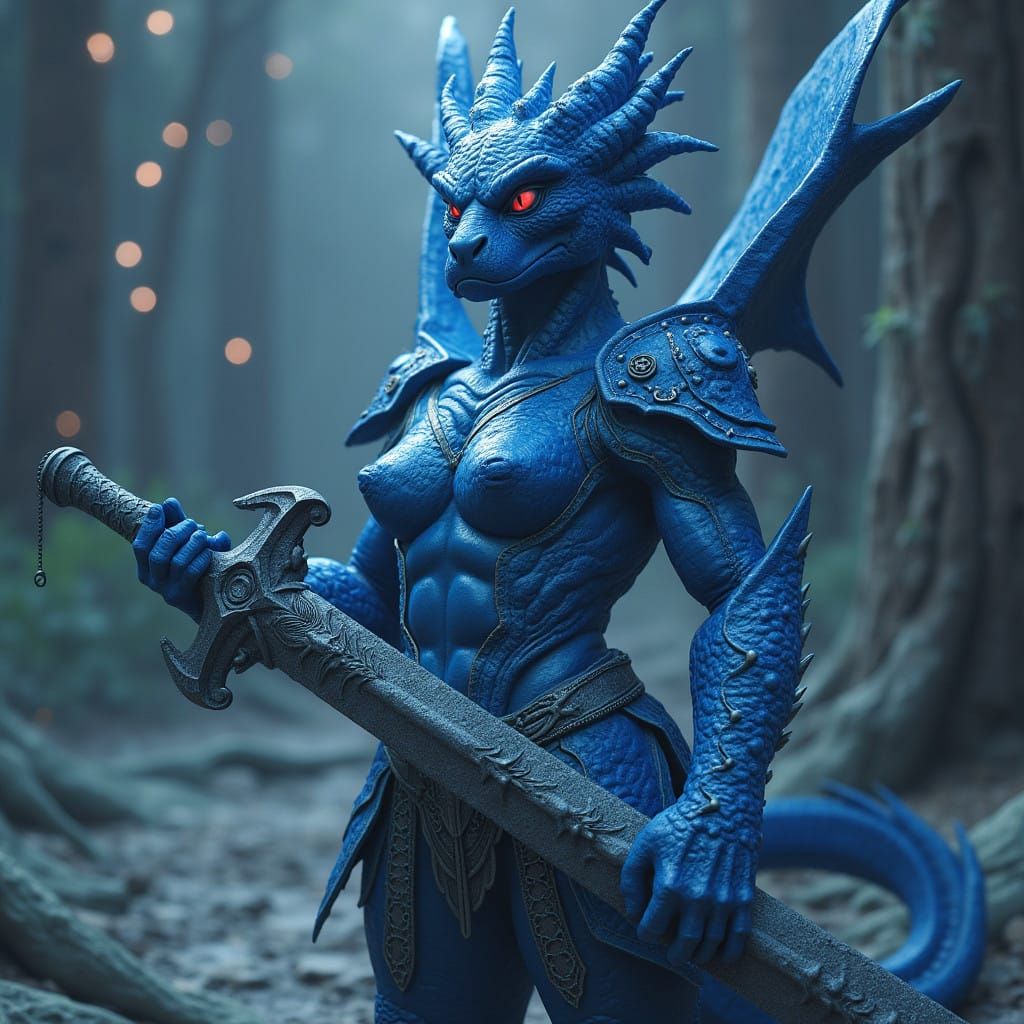 Muscular Blue Dragonborn Wields Greatsword in Heroic Pose