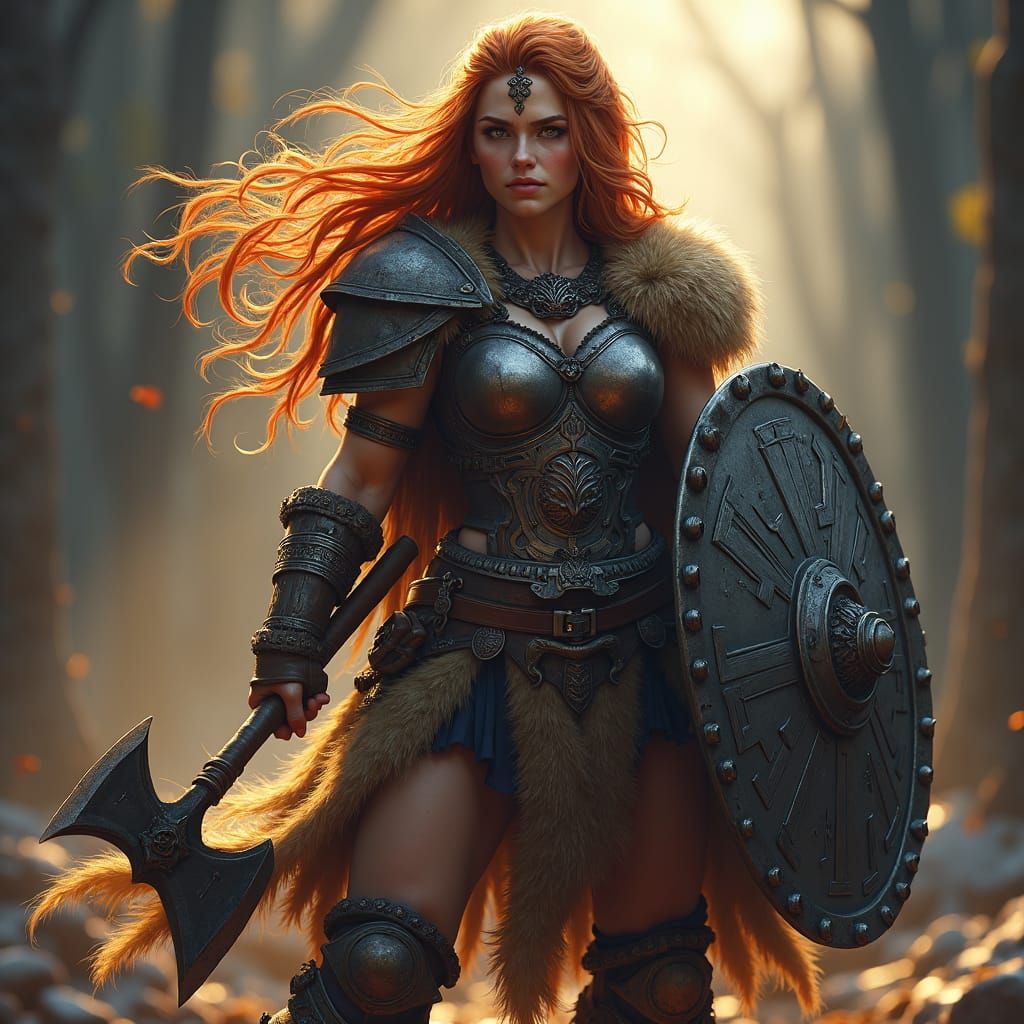 Nordic Dwarf Warrior Woman in Dark Fantasy Style