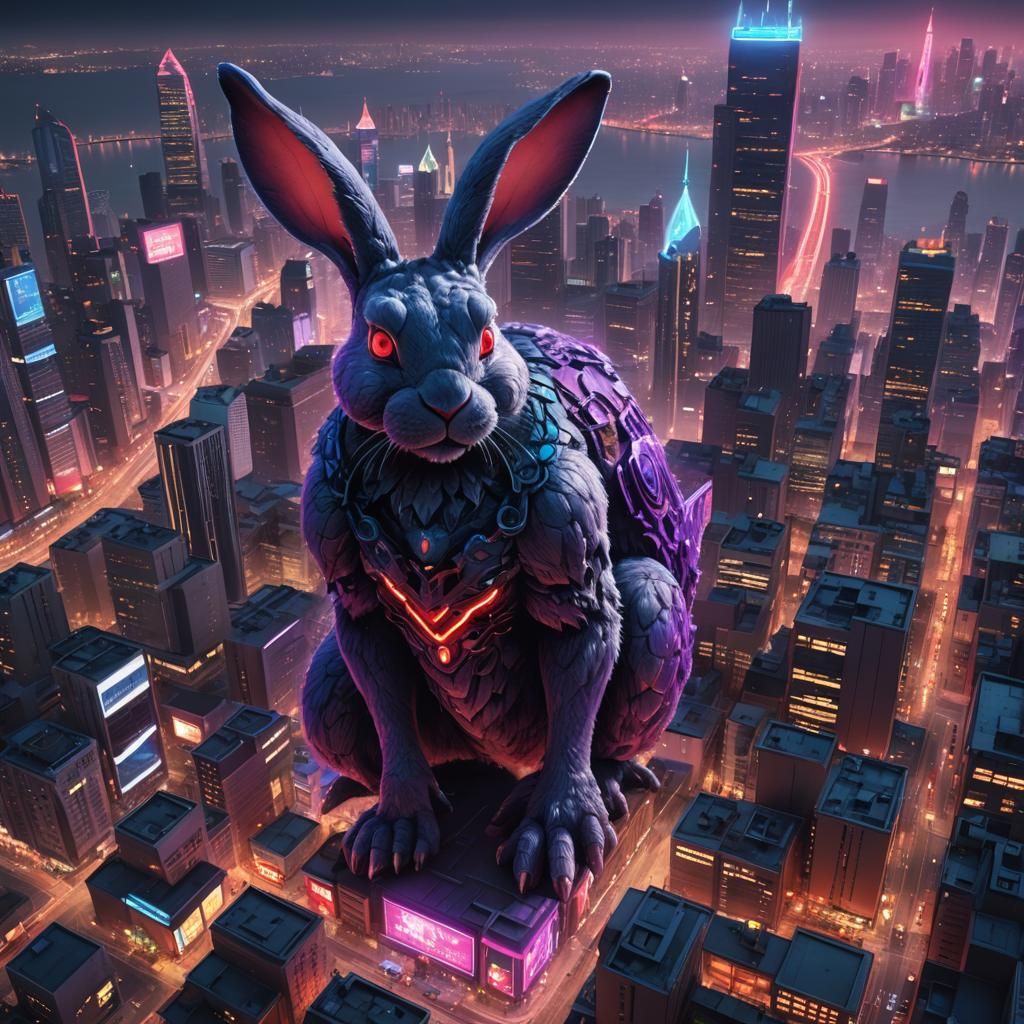 Giant Rabbit Kaiju in a Fantastical Cityscape