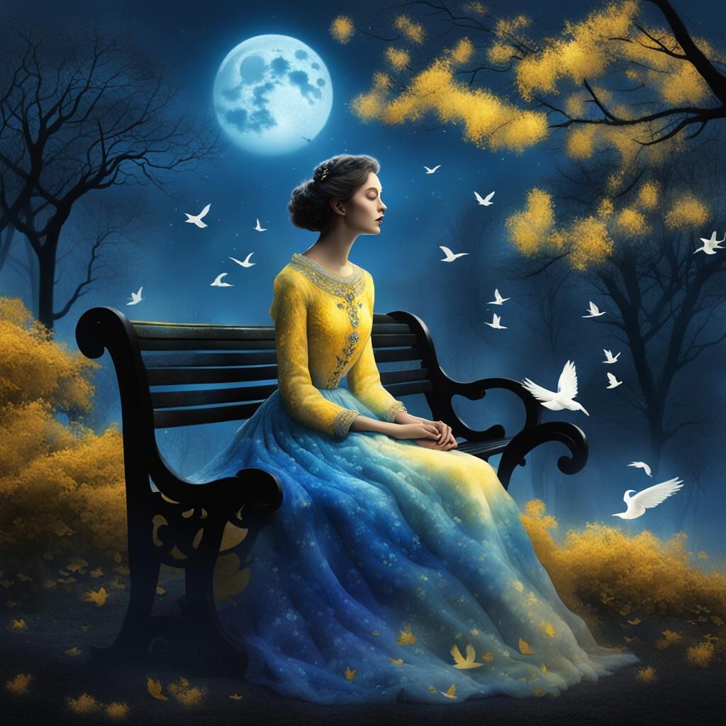 Moonlit Lady in Misty Park: A Matte Painting