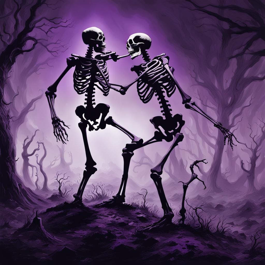 Dark Skeletons Dance in Macabre Purple Scene