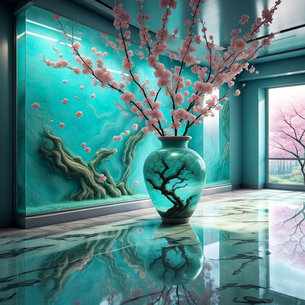 Futuristic Marble Room with Aquarium in Graffiti Art Style