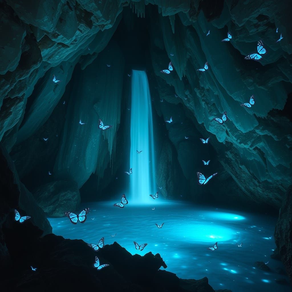 Bioluminescent Waterfall in Crystal Cave