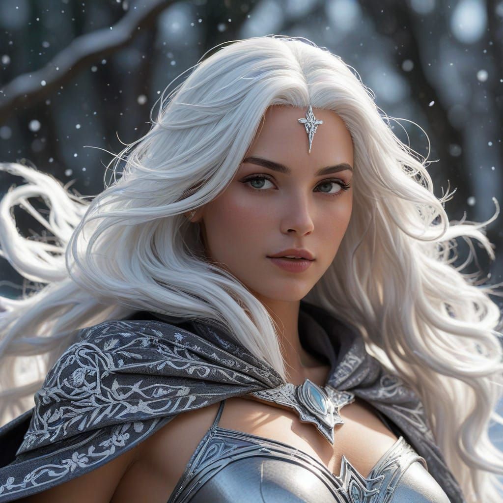 Regal Comic Book Heroine in Snowy Christmas Landscape