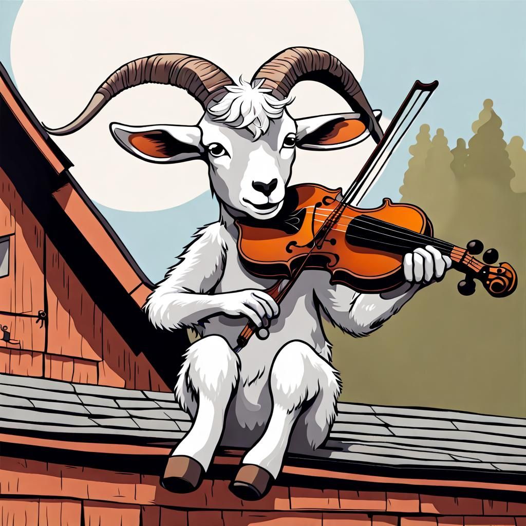 Anthropomorphic Goat Dreams of Violin on Barn Roof