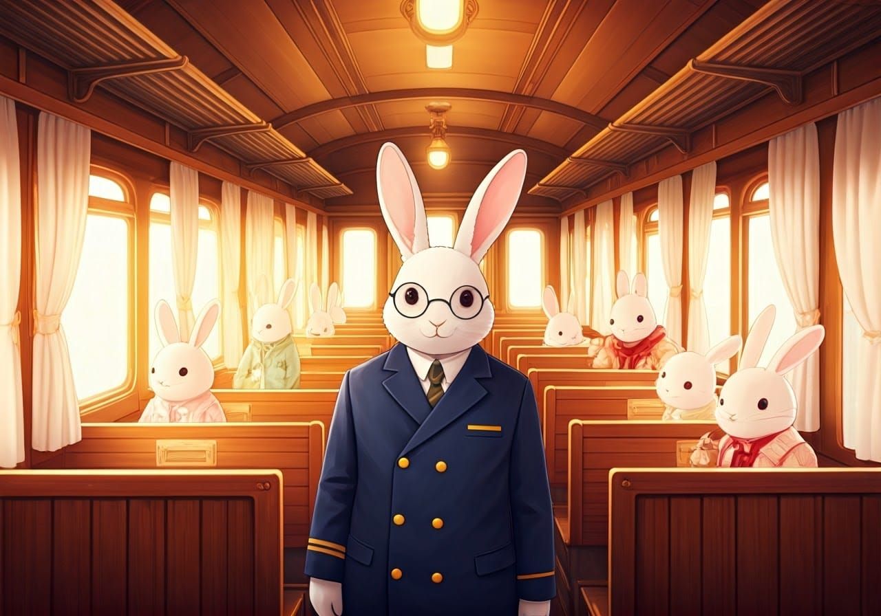 Rabbit Conductor on Anime Train in Manga Style